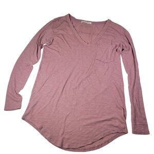 We The Free Women Cotton Blend Pink Long Sleeve V-Neck Pocket Tee Size Medium